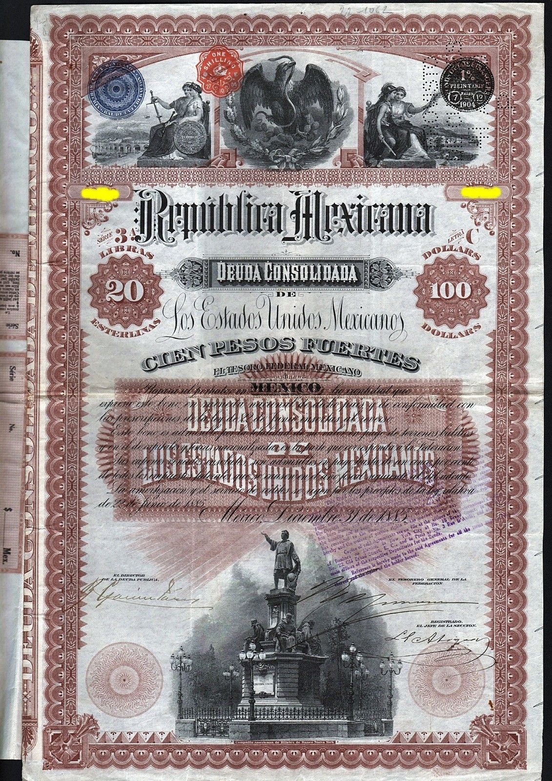 1885 Mexico: Republica Mexicana, Deuda Consolidada "Columbus Bond" for £20/$100