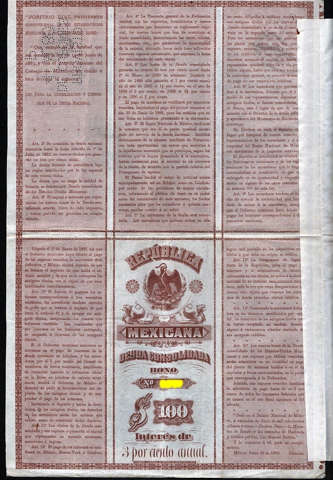 1885 Mexico: Republica Mexicana, Deuda Consolidada "Columbus Bond" for £20/$100