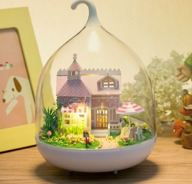 Mini glass DIY Dollhouse miniature with LED light mini house doll house