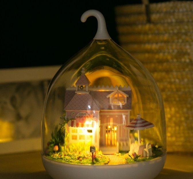 Mini glass DIY Dollhouse miniature with LED light mini house doll house