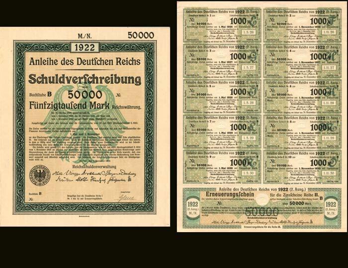 1922 Berlin German Bonds 10x 50,000 Mark + coupons = 500,000