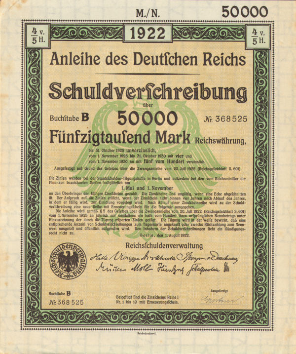 1922 Berlin German Bonds 10x 50,000 Mark + coupons = 500,000