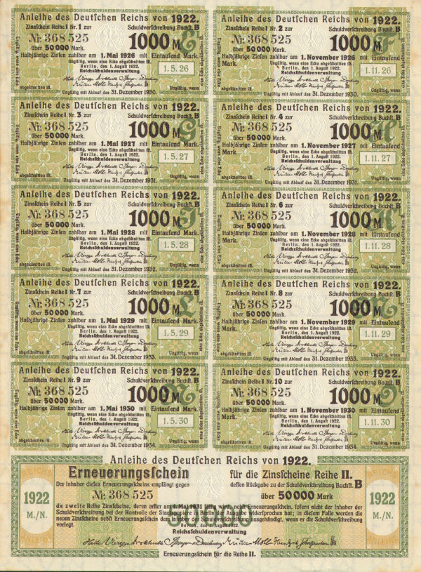 1922 Berlin German Bonds 10x 50,000 Mark + coupons = 500,000