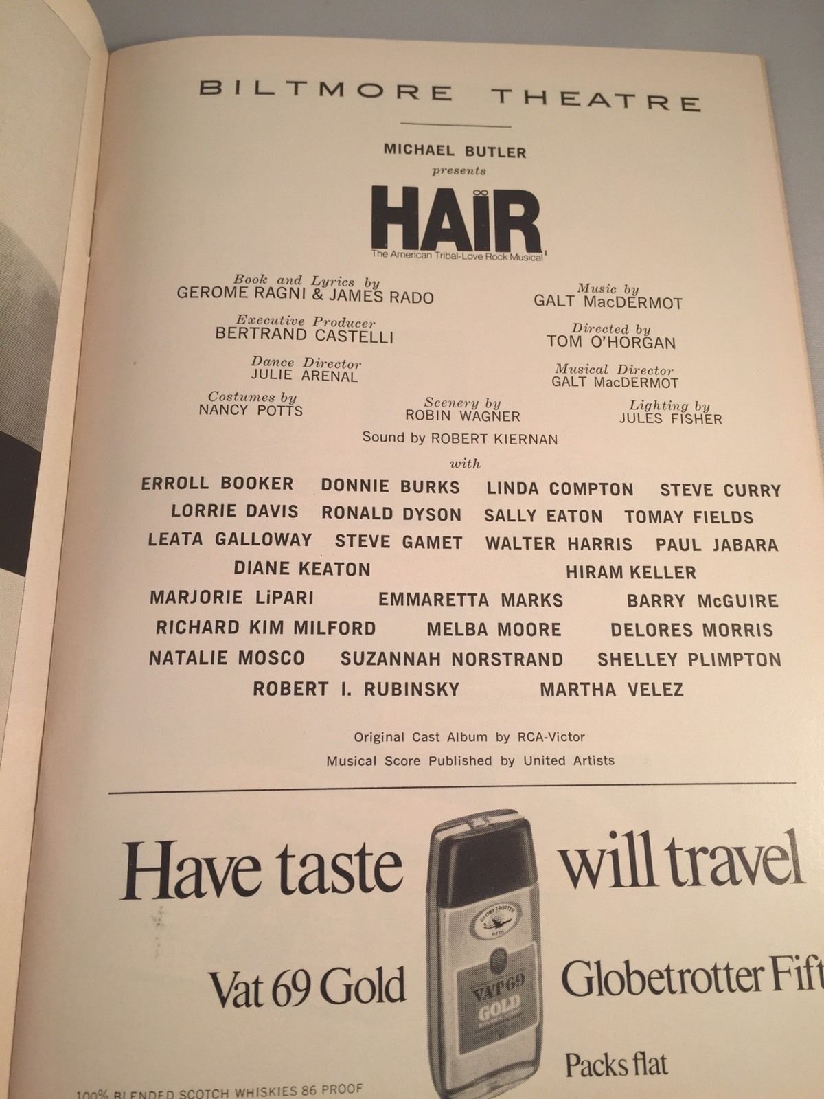 Vintage 1968 Hair Playbill from Biltmore Theatre with Diane Keaton, Melba Moore