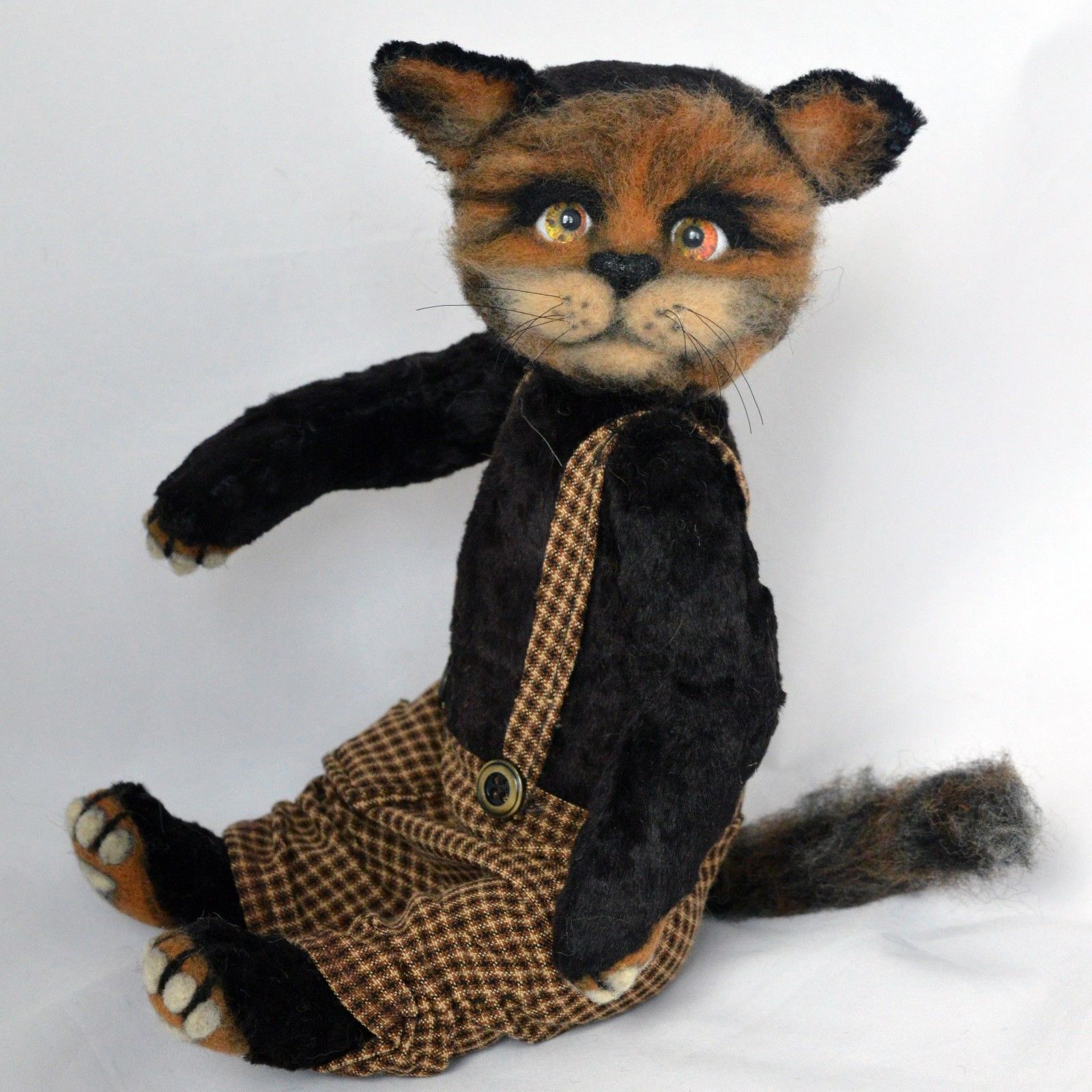 OOAK handmade black cat, artist teddy bear with felted orange muzzle, 11in.