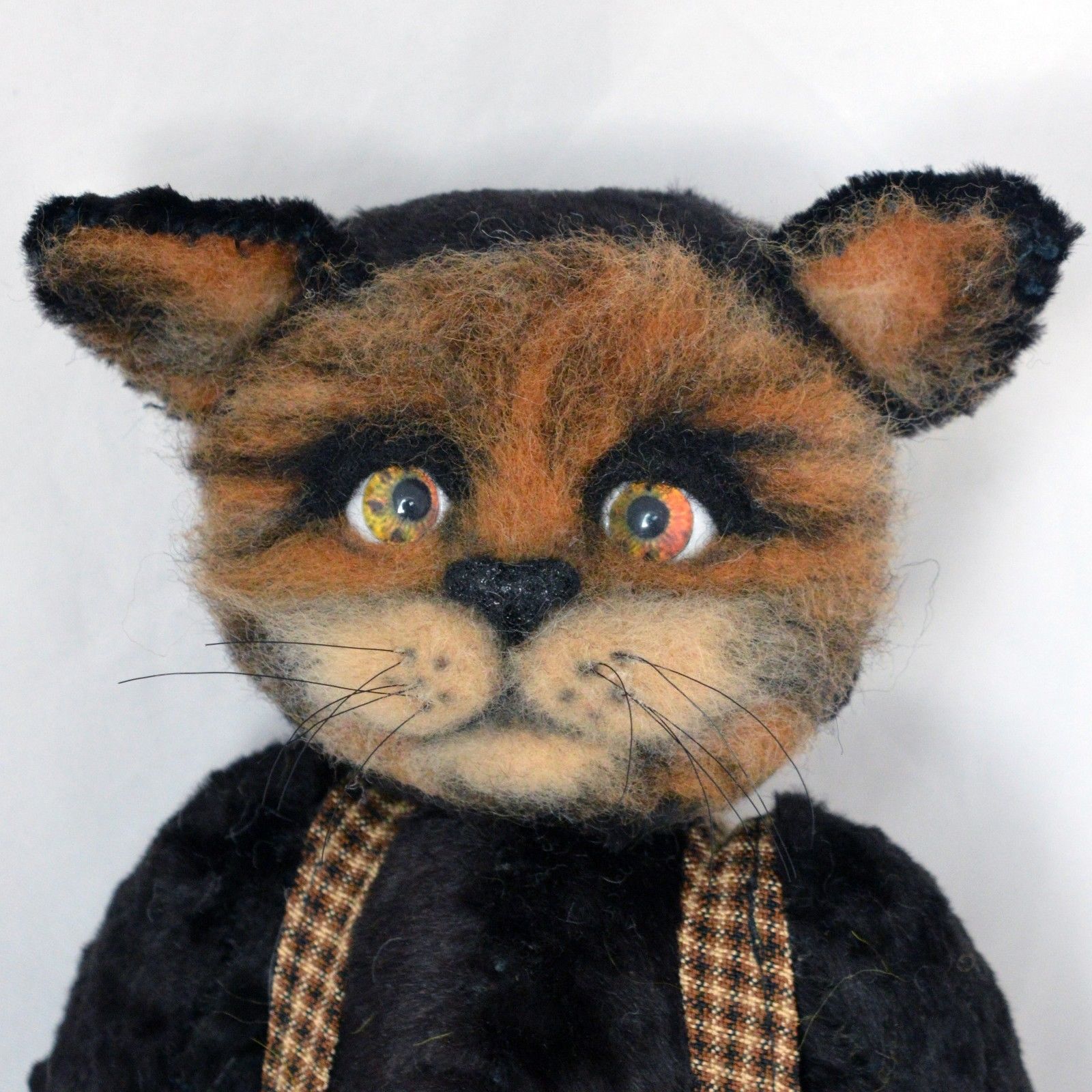 OOAK handmade black cat, artist teddy bear with felted orange muzzle, 11in.