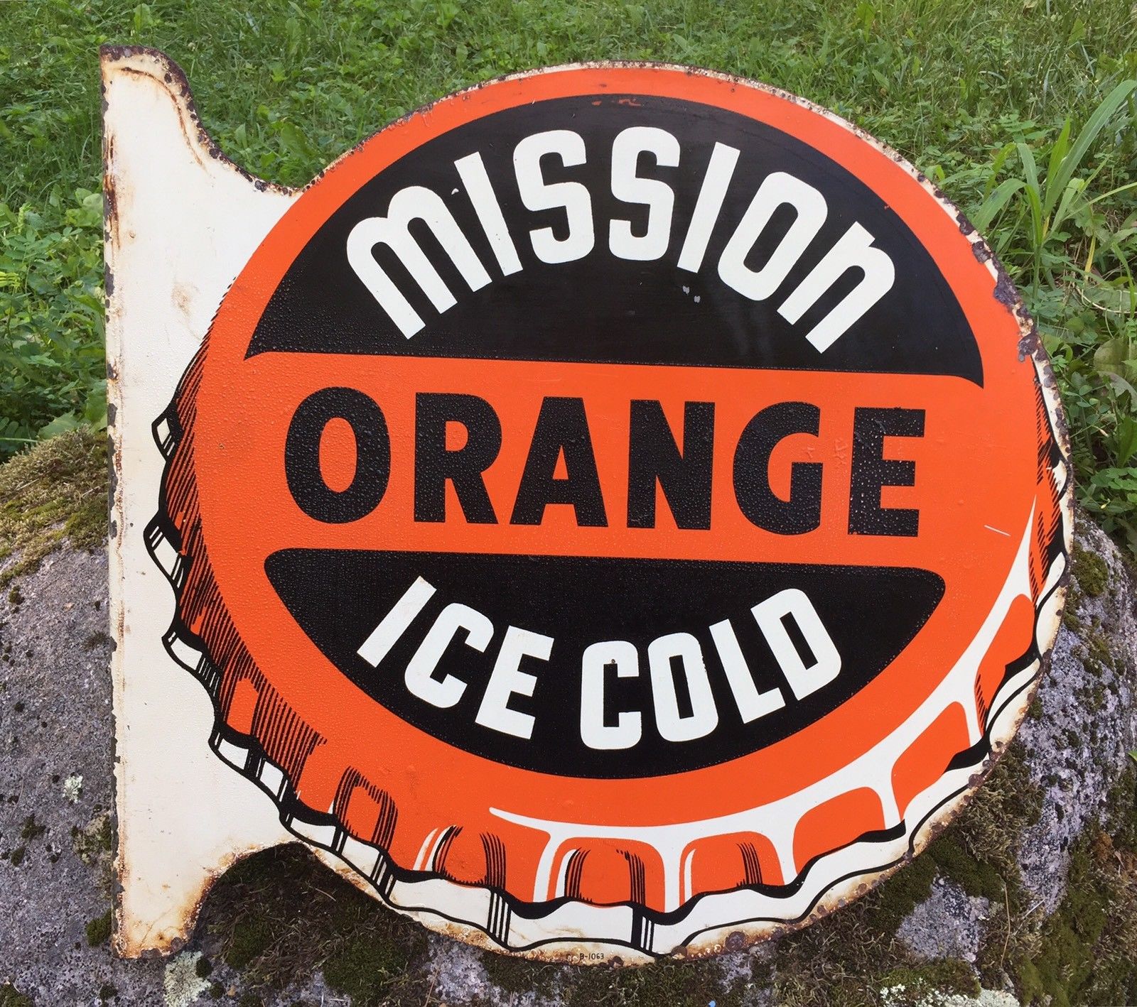 Rare Vintage Original MISSION ORANGE Ice Cold Bottle Cap 2 Sided Flange Sign