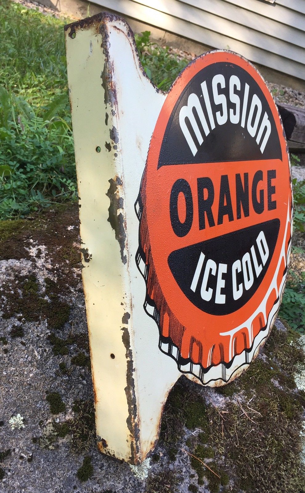 Rare Vintage Original MISSION ORANGE Ice Cold Bottle Cap 2 Sided Flange Sign