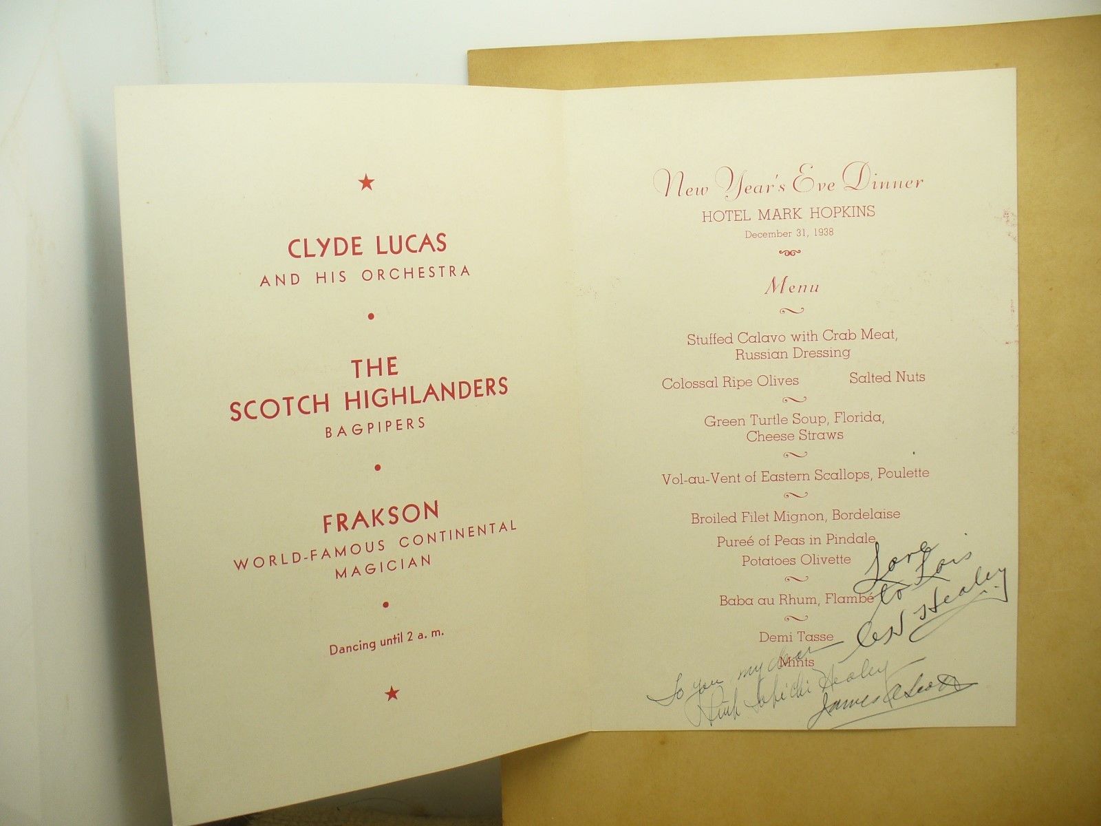 1938 new Year Pogram and Menu from the Hotel Mark Hopkins with Autographs