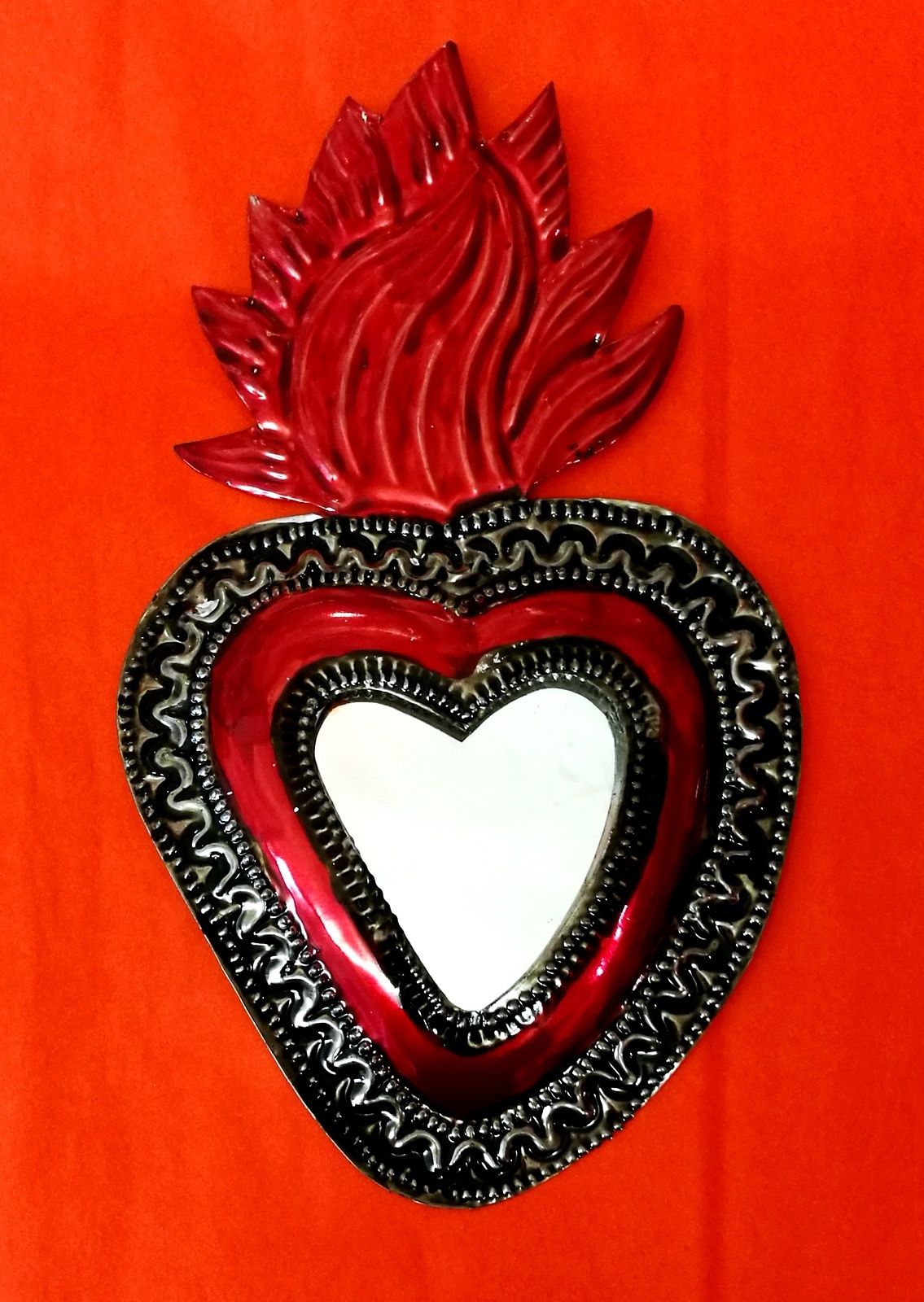 Authentic Mexican Tin Folk Art Classic Flaming Heart Milagro Mirror Decoration