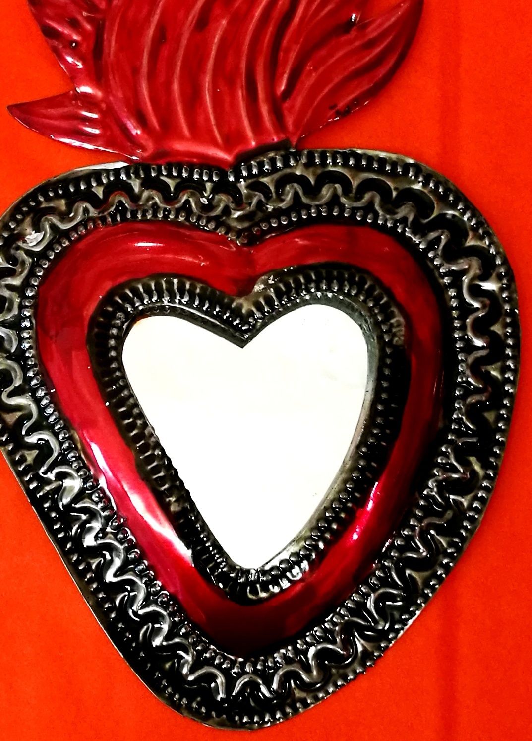 Authentic Mexican Tin Folk Art Classic Flaming Heart Milagro Mirror Decoration