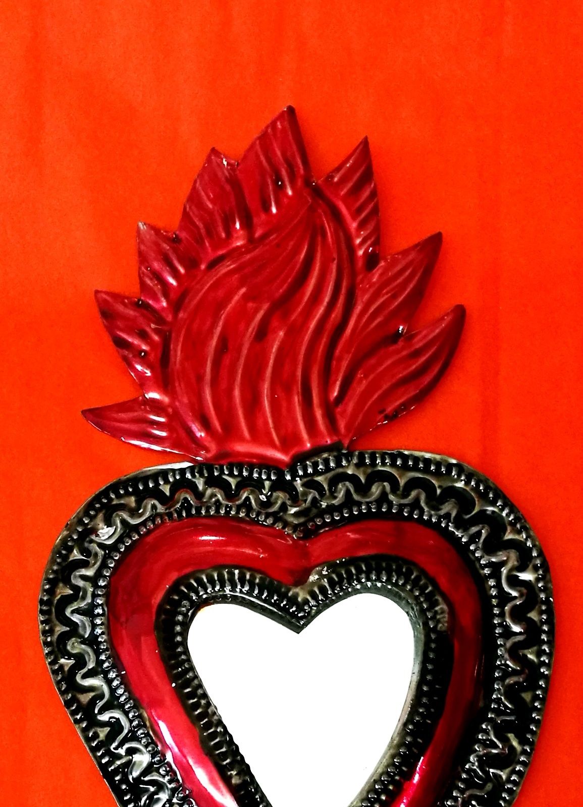 Authentic Mexican Tin Folk Art Classic Flaming Heart Milagro Mirror Decoration