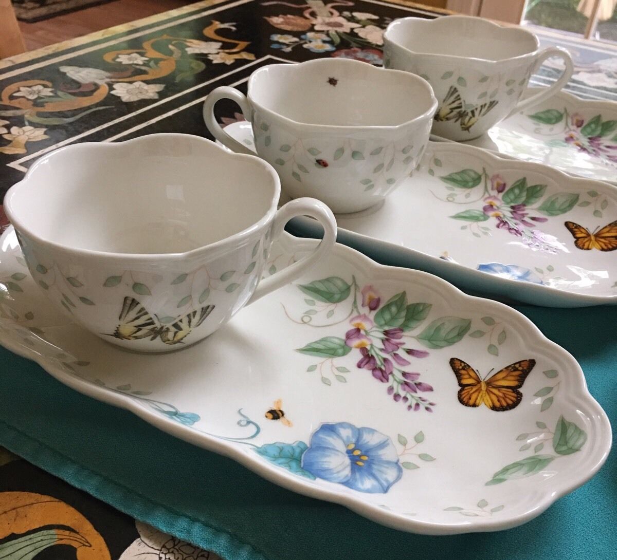 Lenox Butterfly Meadow Set Of 4 Tea/ Coffee Cups & Dessert Plates. New.