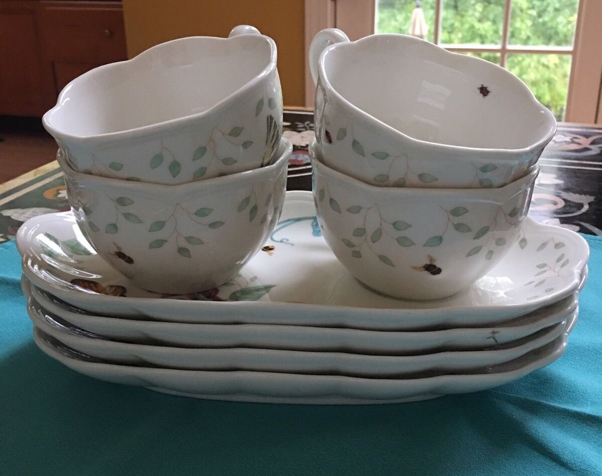 Lenox Butterfly Meadow Set Of 4 Tea/ Coffee Cups & Dessert Plates. New.