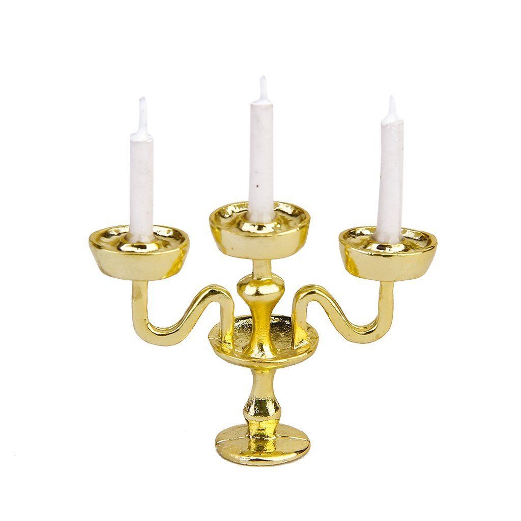 Miniature Gold Candelabra 3 White Candles Dollhouse 1/12 Scale PK