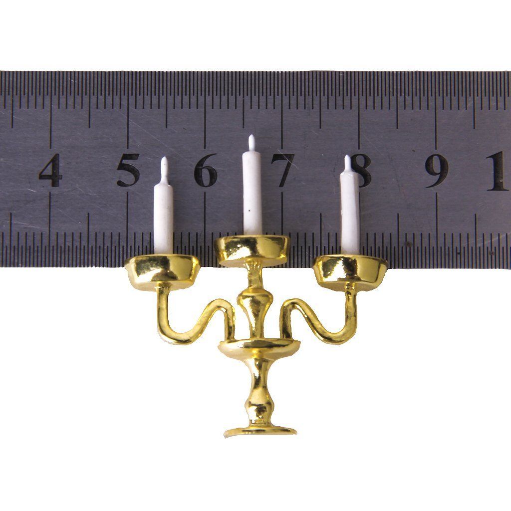 Miniature Gold Candelabra 3 White Candles Dollhouse 1/12 Scale PK