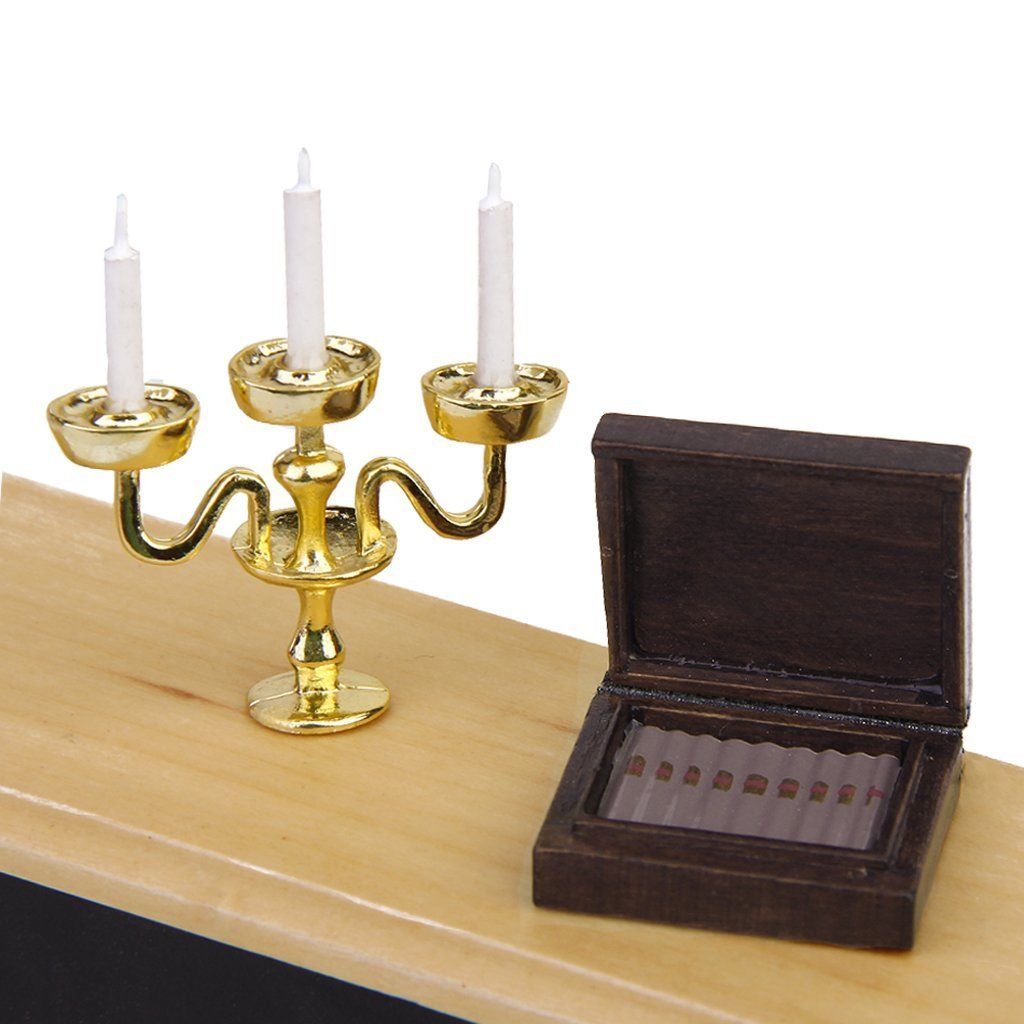 Miniature Gold Candelabra 3 White Candles Dollhouse 1/12 Scale PK