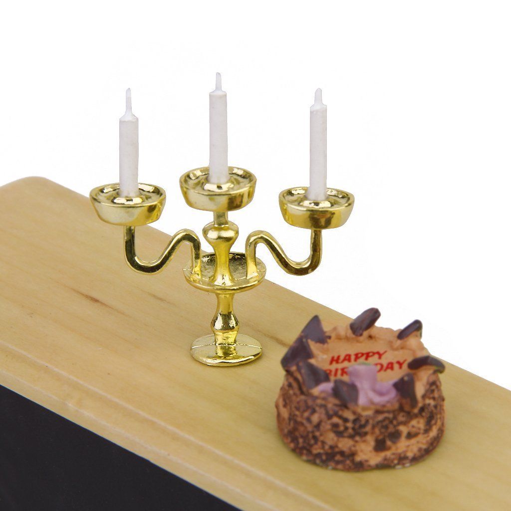 Miniature Gold Candelabra 3 White Candles Dollhouse 1/12 Scale PK