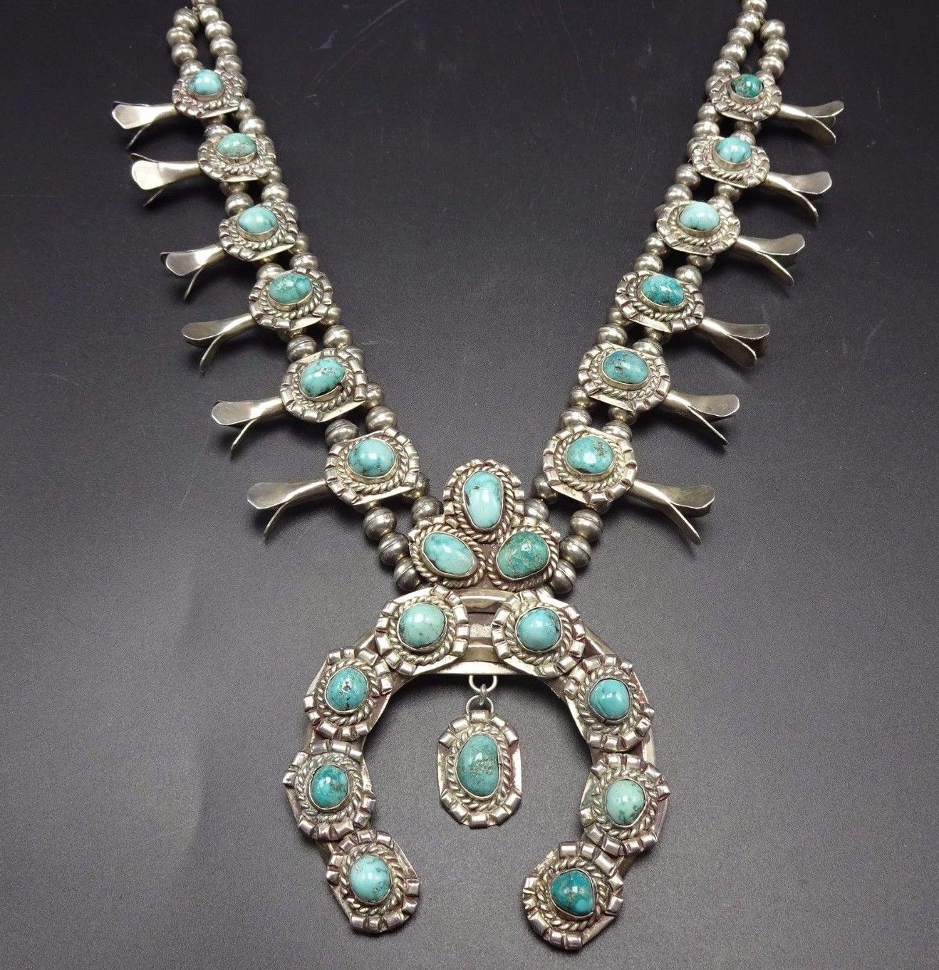 Heavy Vintage NAVAJO Sterling Silver & Turquoise SQUASH BLOSSOM Necklace