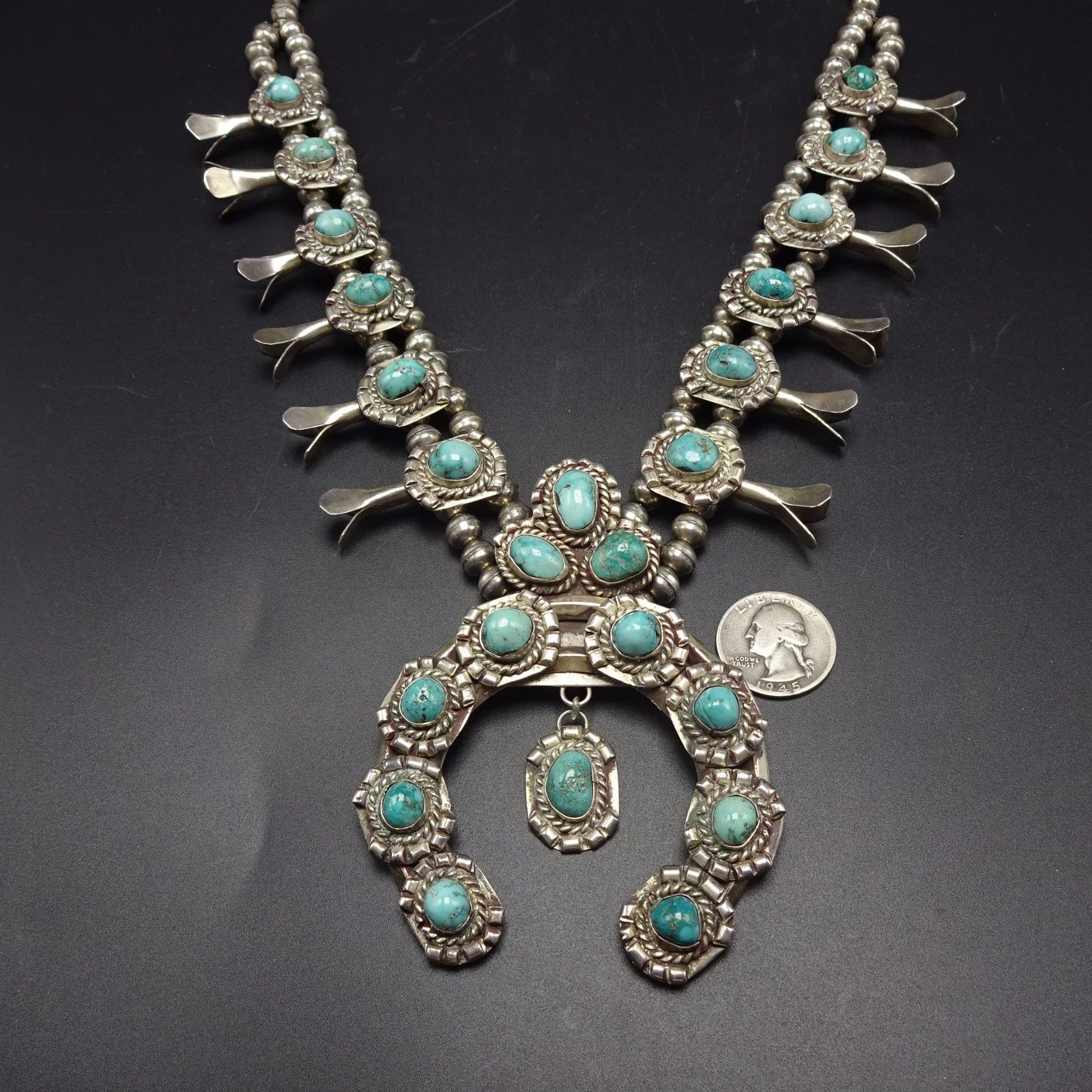 Heavy Vintage NAVAJO Sterling Silver & Turquoise SQUASH BLOSSOM Necklace