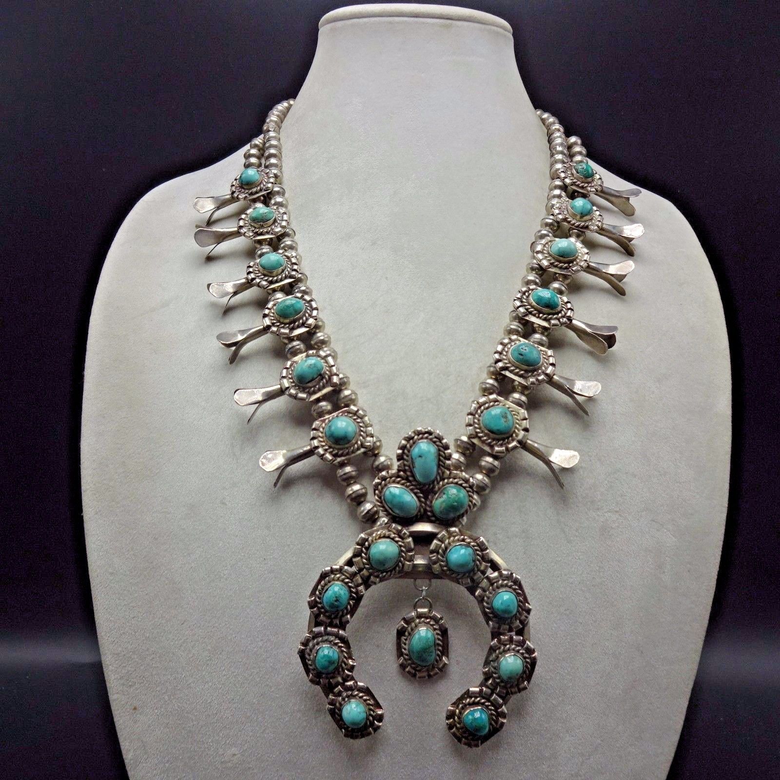 Heavy Vintage NAVAJO Sterling Silver & Turquoise SQUASH BLOSSOM Necklace