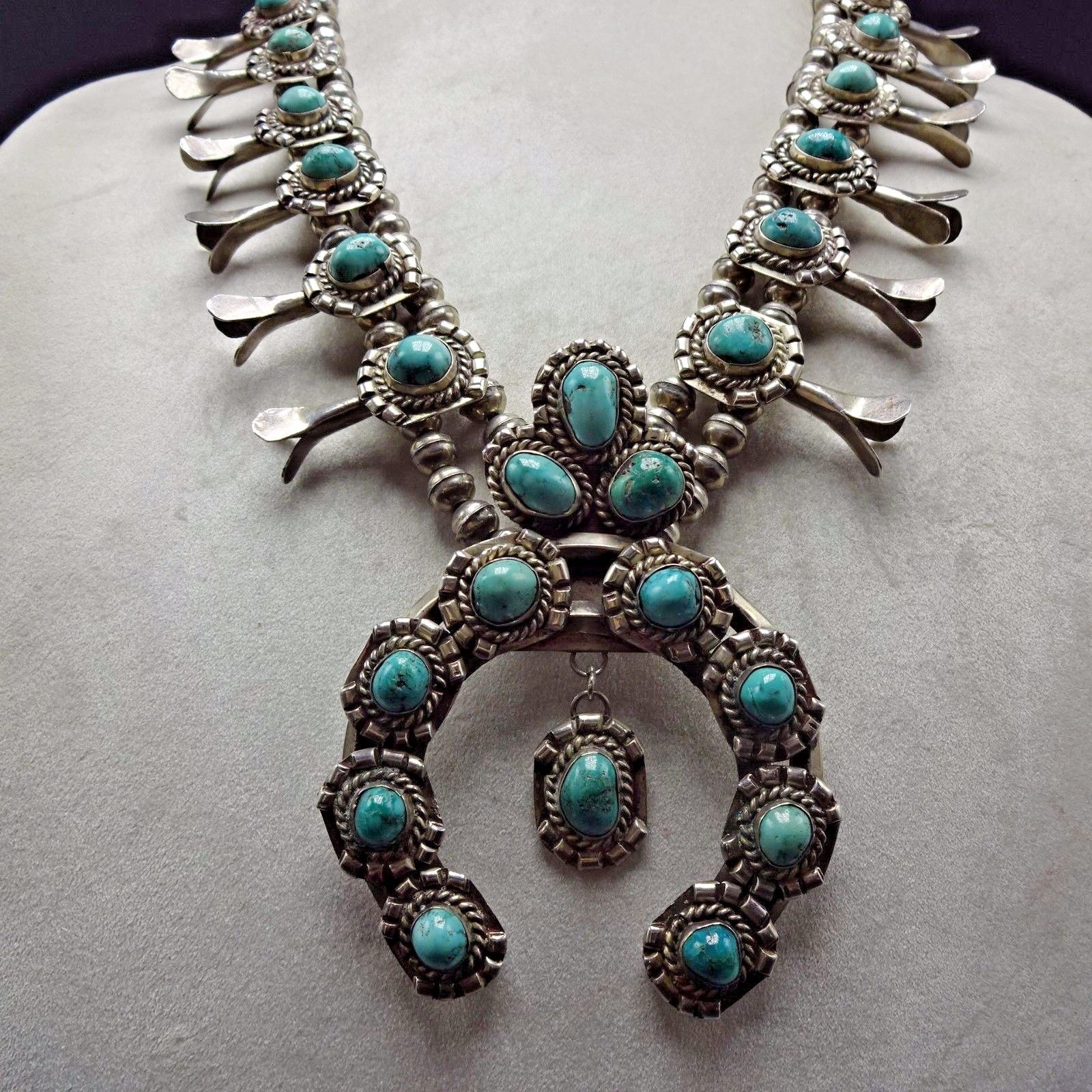 Heavy Vintage NAVAJO Sterling Silver & Turquoise SQUASH BLOSSOM Necklace