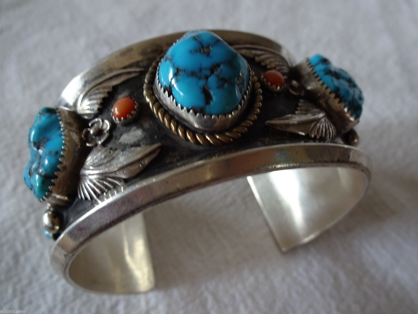 Heavy Signed Vintage NAVAJO Sterling Silver, Turquoise & Coral Cuff BRACELET