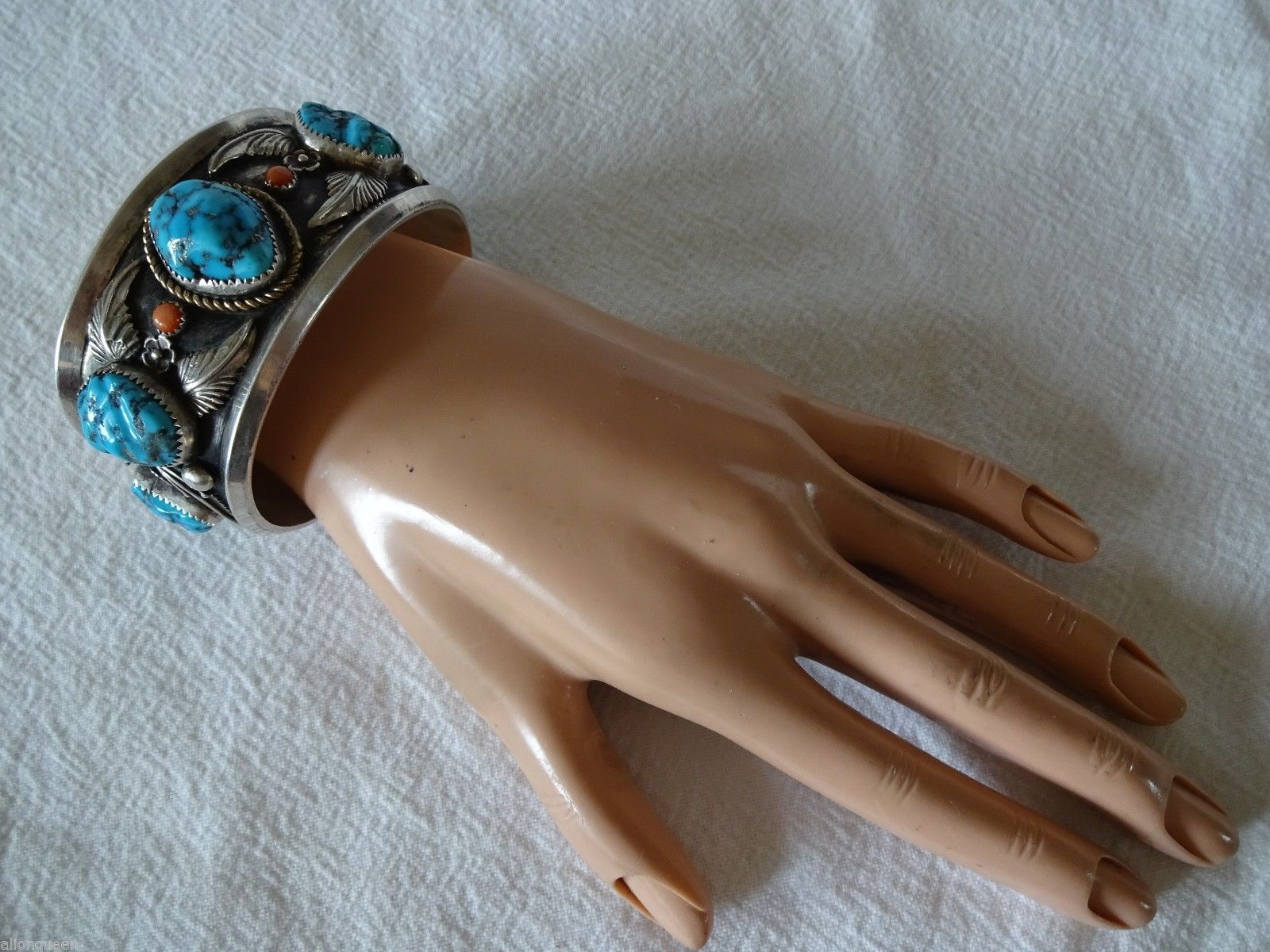 Heavy Signed Vintage NAVAJO Sterling Silver, Turquoise & Coral Cuff BRACELET