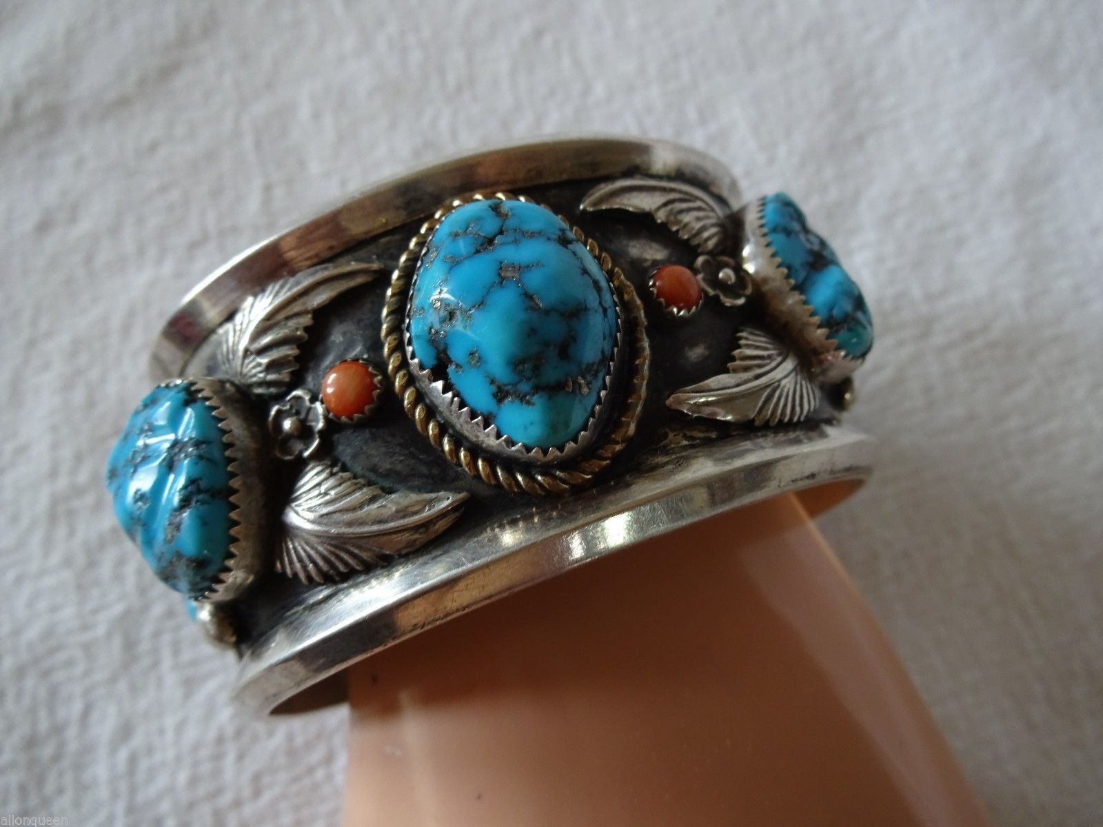 Heavy Signed Vintage NAVAJO Sterling Silver, Turquoise & Coral Cuff BRACELET