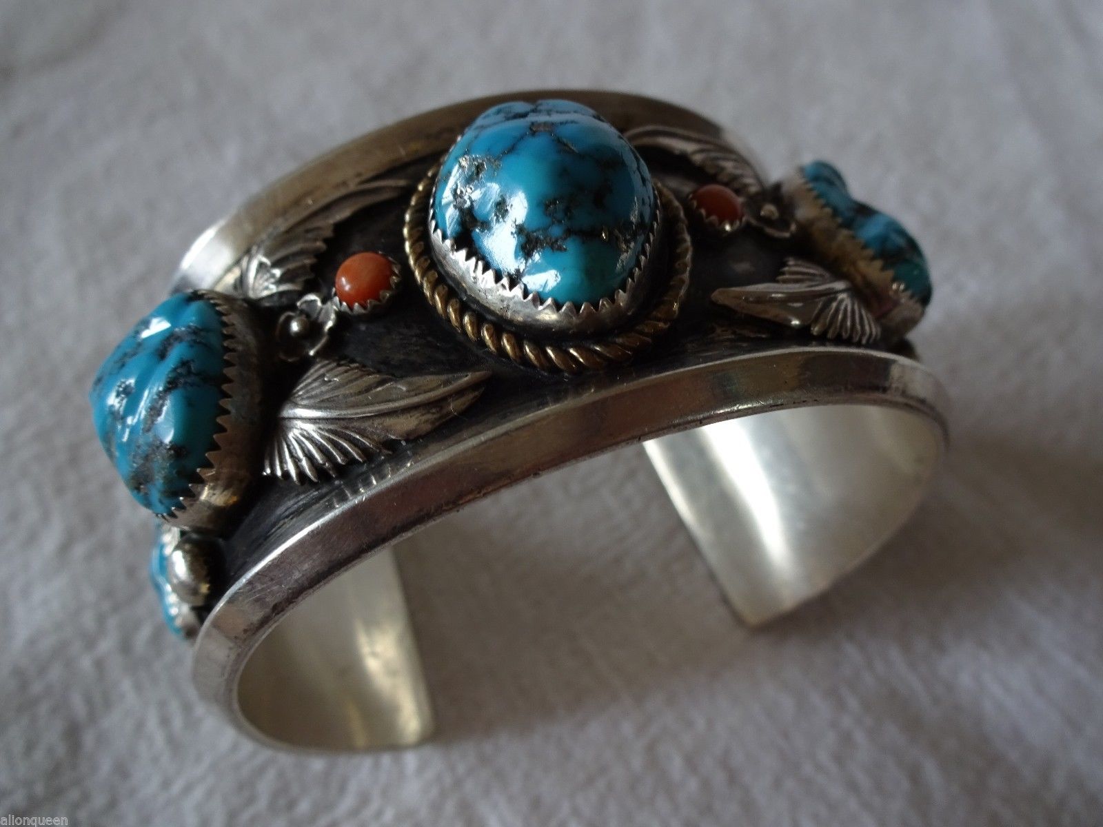 Heavy Signed Vintage NAVAJO Sterling Silver, Turquoise & Coral Cuff BRACELET