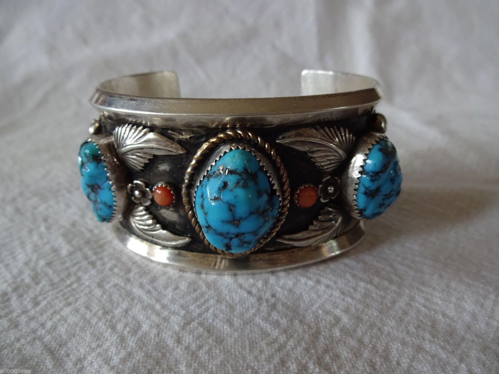 Heavy Signed Vintage NAVAJO Sterling Silver, Turquoise & Coral Cuff BRACELET