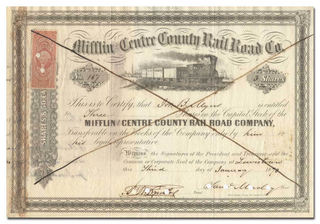 Mifflin and Centre Country Rail Road Company Stock Certificate