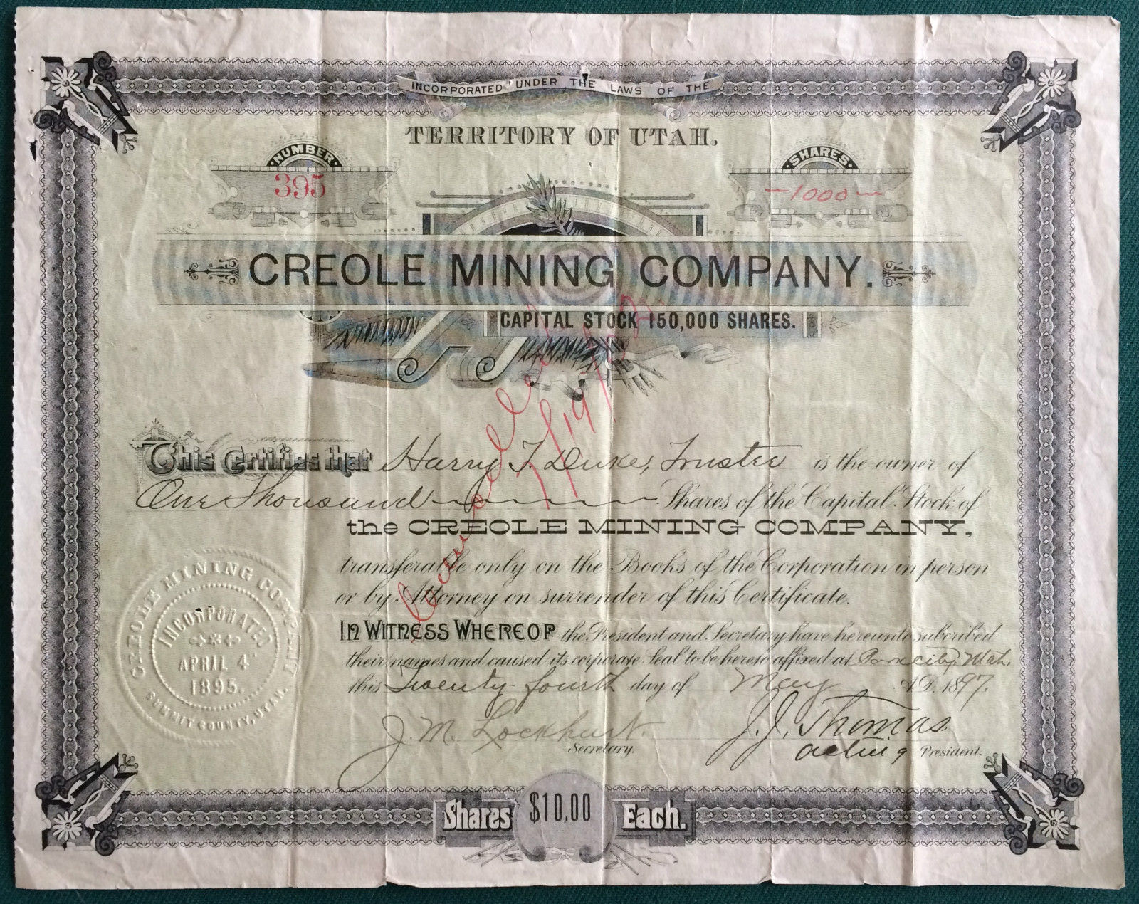 1897 Creole Mining Co. Stock - Park City - Utah Territory - $10,000 Face