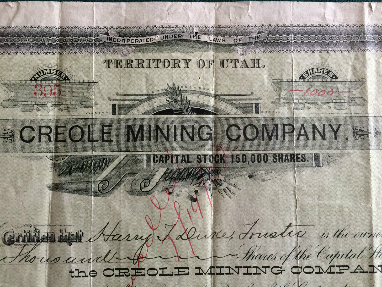 1897 Creole Mining Co. Stock - Park City - Utah Territory - $10,000 Face