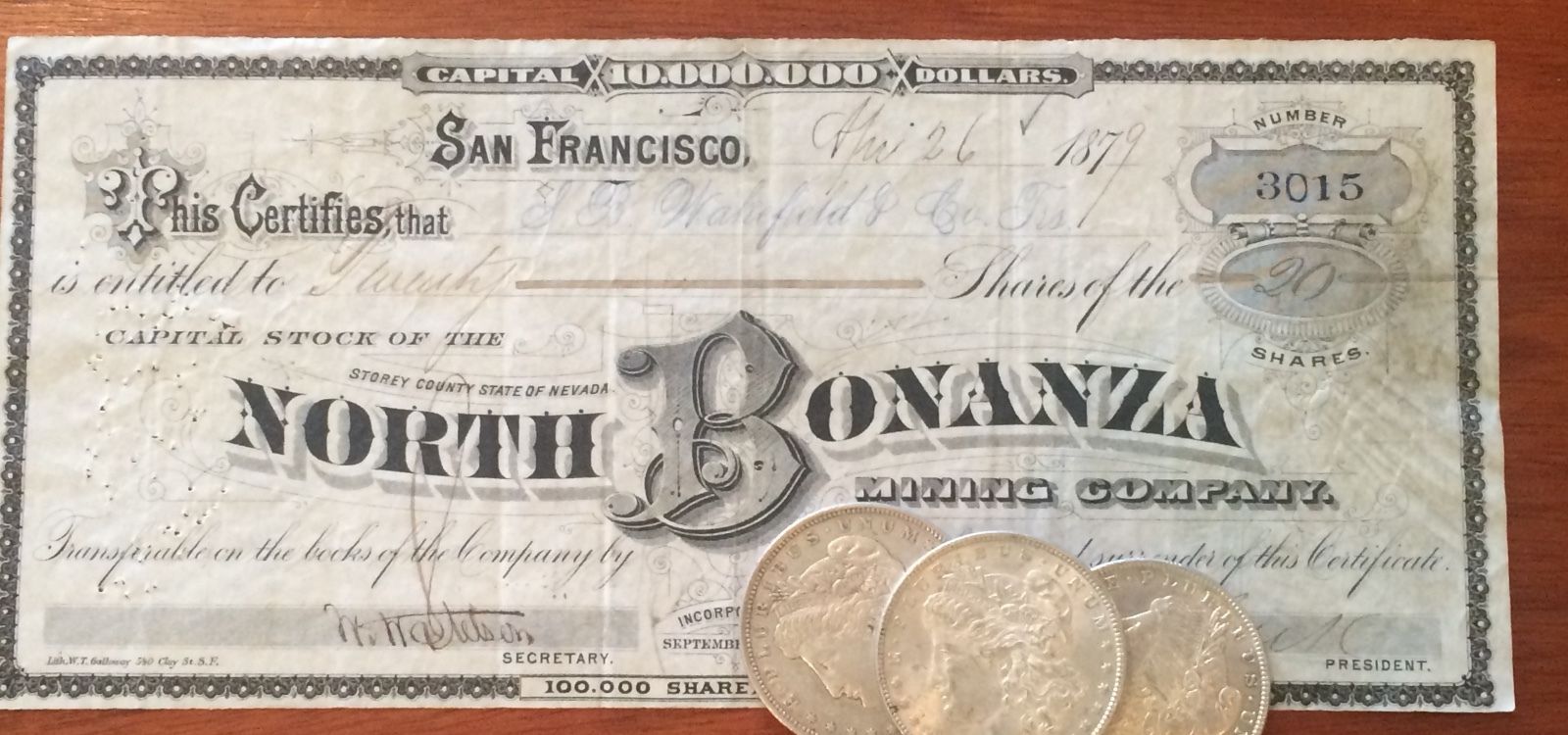 1879 North Bonanza Mining Co. Stock  - Storey County Nevada - Comstock Silver