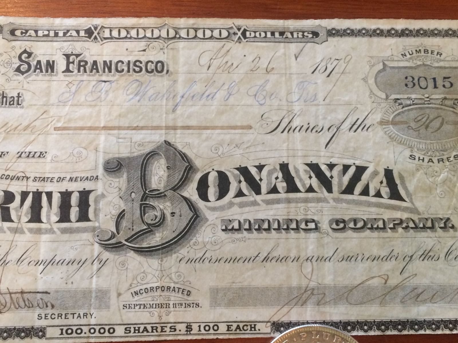 1879 North Bonanza Mining Co. Stock  - Storey County Nevada - Comstock Silver