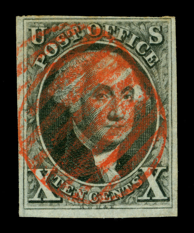 US 1847 Washington 10c black  Sc# 2 used VF - red grid cancel - lovely stamp