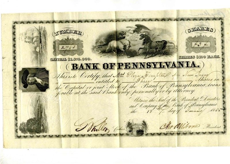 Bank of Pennsylvania 1855 Stock Certificate 3 Shares