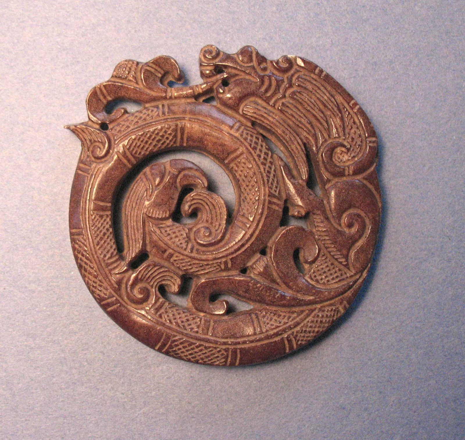 Vintage Chinese Carved Stone Phoenix & Dragon Medallion / Pendant - Dark Brown