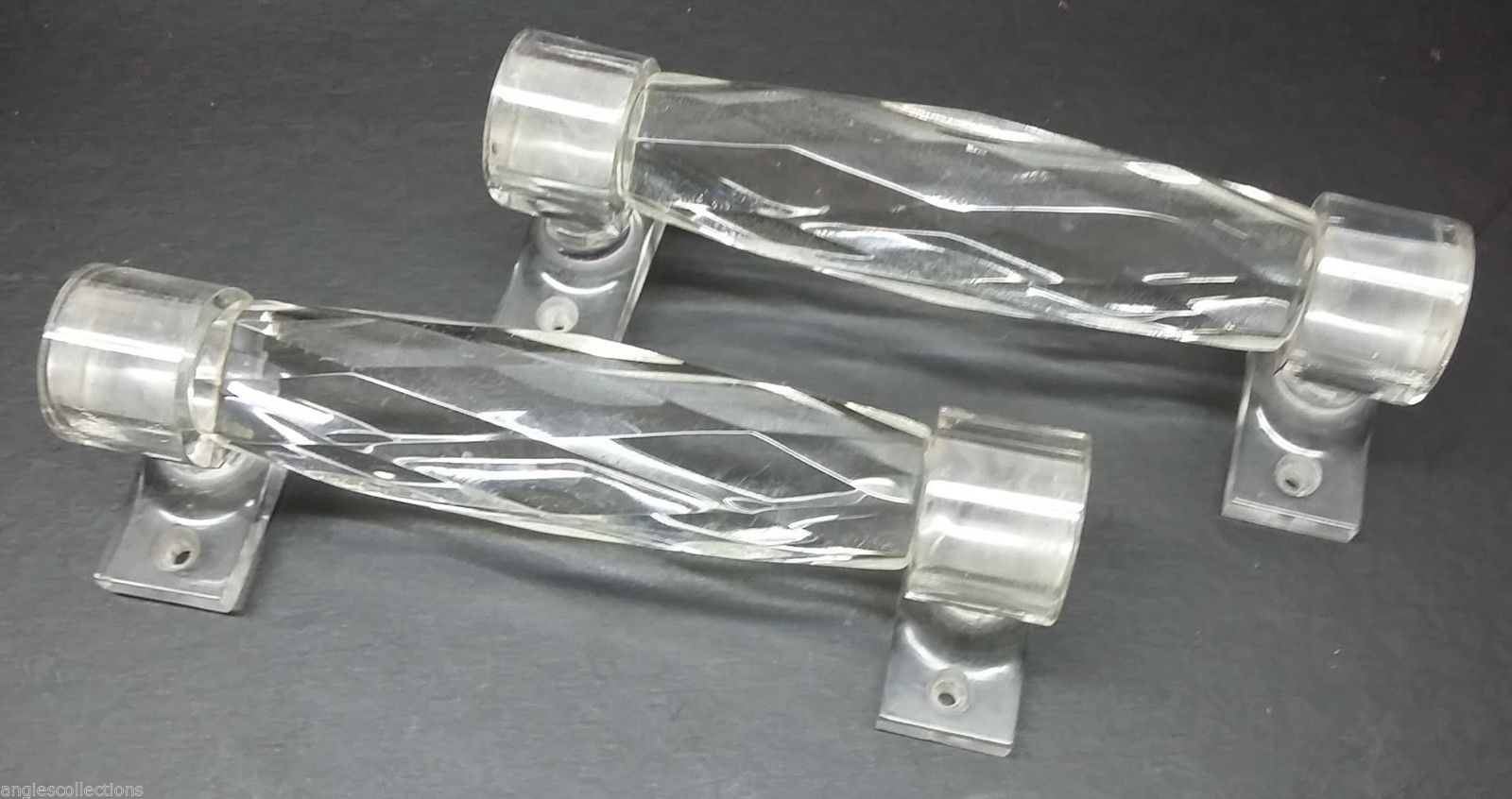 Pair Lucite Crystal Clear Furniture Door Draw Handles With Fittings Vintage