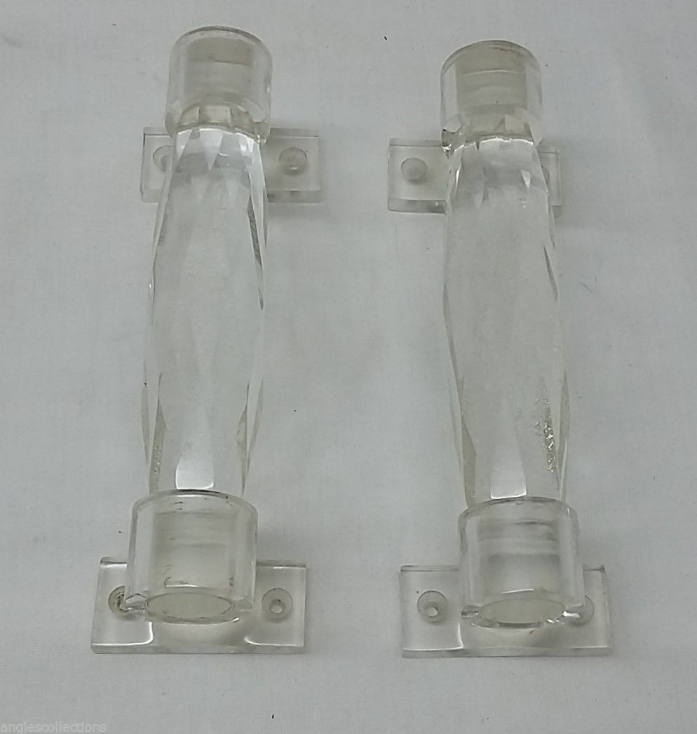 Pair Lucite Crystal Clear Furniture Door Draw Handles With Fittings Vintage