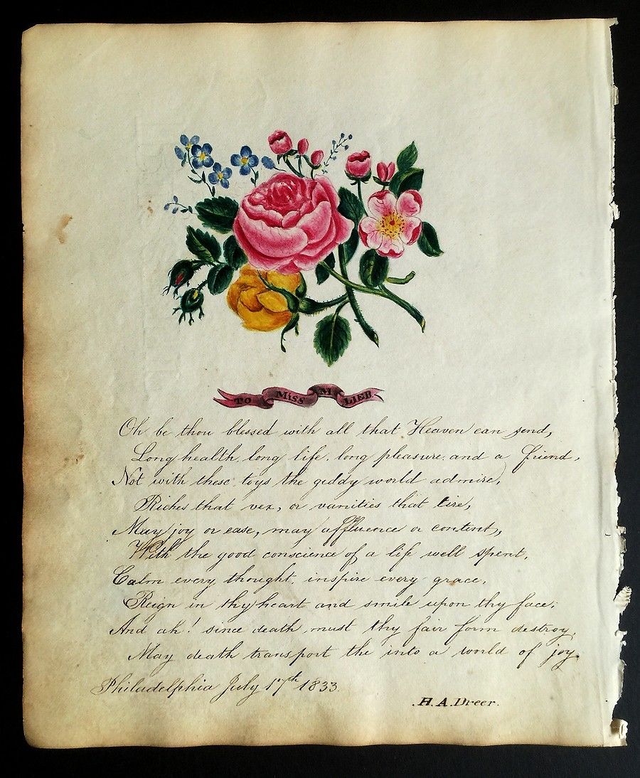 Pennsylvania German Folk Art Flower Painting + Poem Signed 1833 H A Dreer