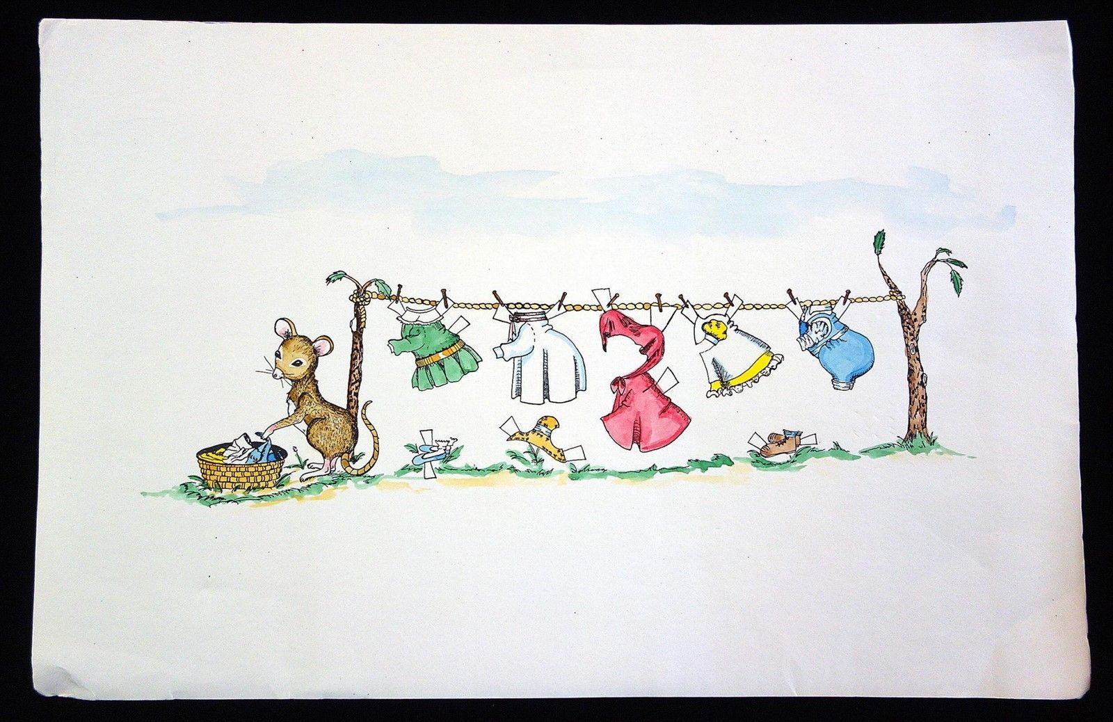 Original Art - Watercolor Mouse Paper Doll Hangs Outfits on the Clothes Line