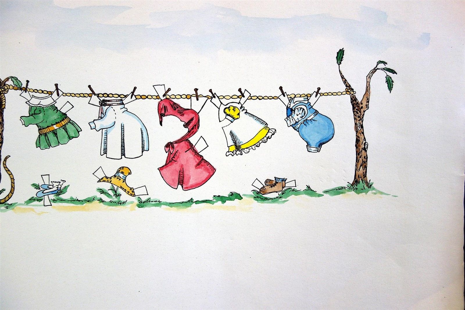 Original Art - Watercolor Mouse Paper Doll Hangs Outfits on the Clothes Line