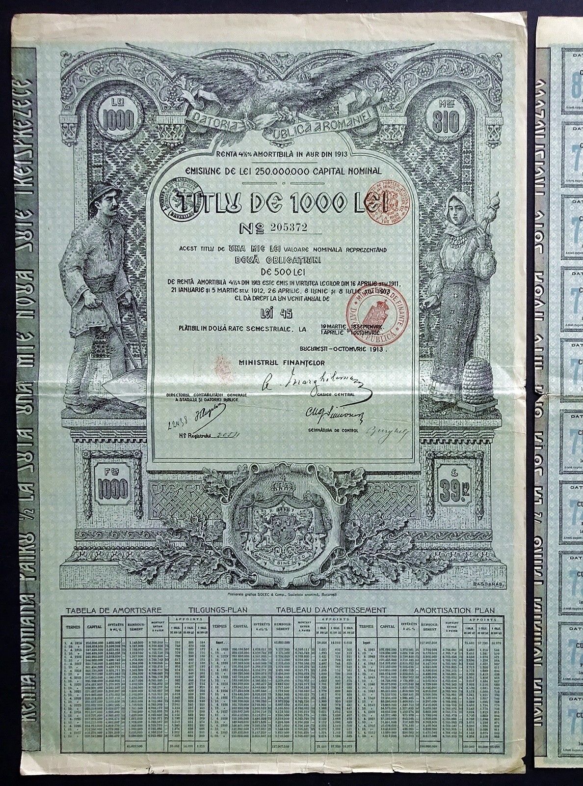 1913 Romania: Roumanian Public Debt, 1000 Lei Redeemable Gold Stock of 1913