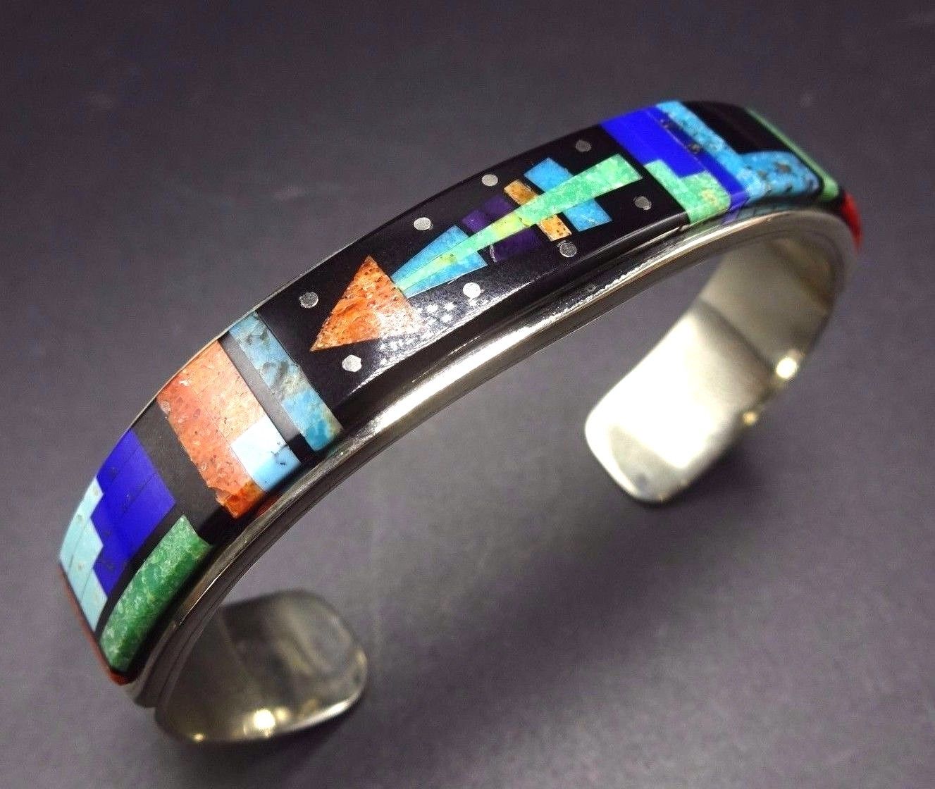 ELEGANT Signed Vintage NAVAJO Sterling Silver & CHANNEL INLAY Cuff BRACELET