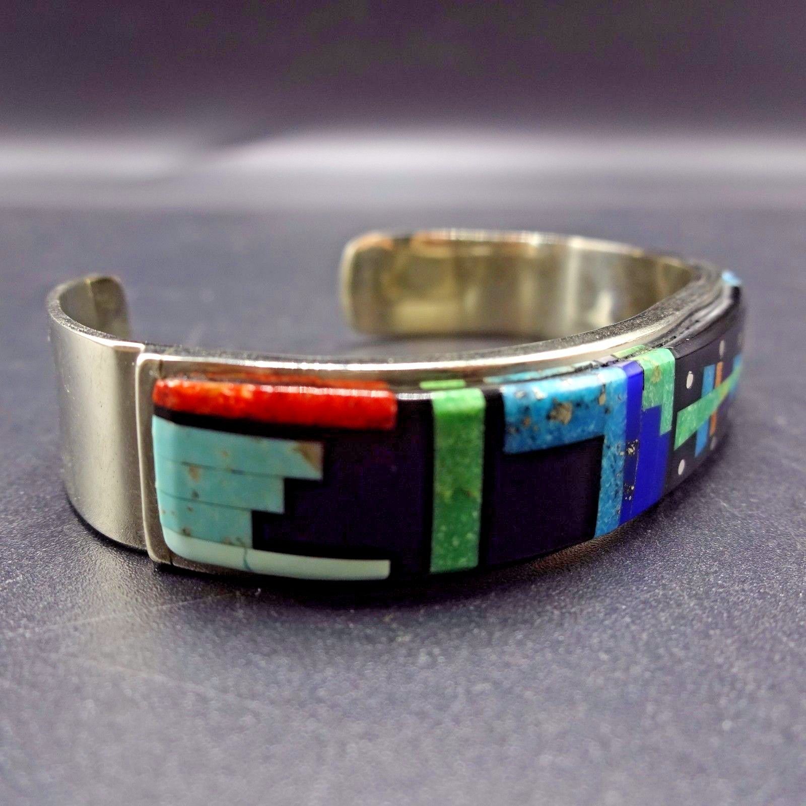 ELEGANT Signed Vintage NAVAJO Sterling Silver & CHANNEL INLAY Cuff BRACELET