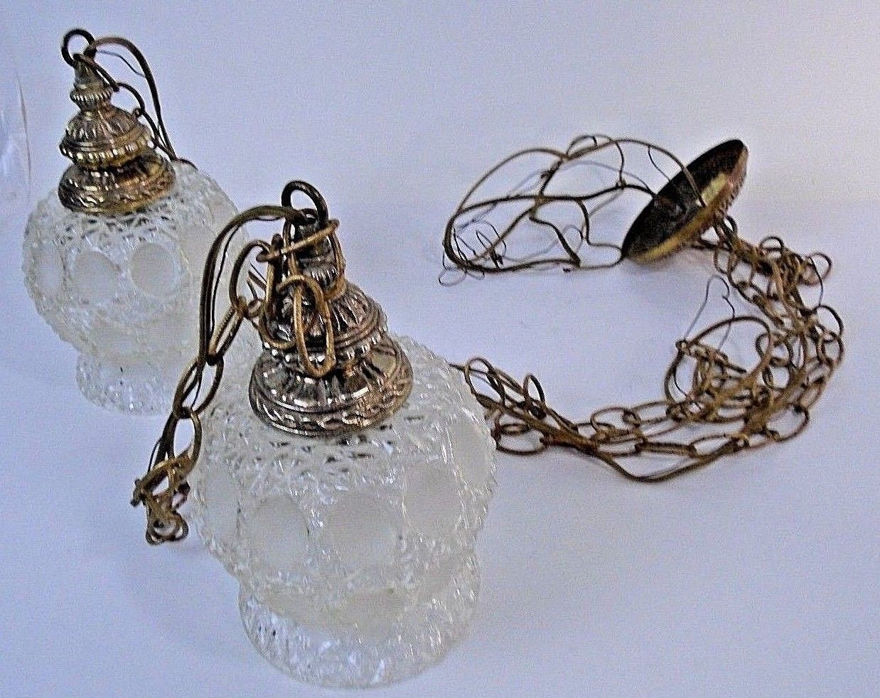 Vintage Tri-Lite Crystal Glass Hanging Swag Dual Light Fixture Mid Century Retro