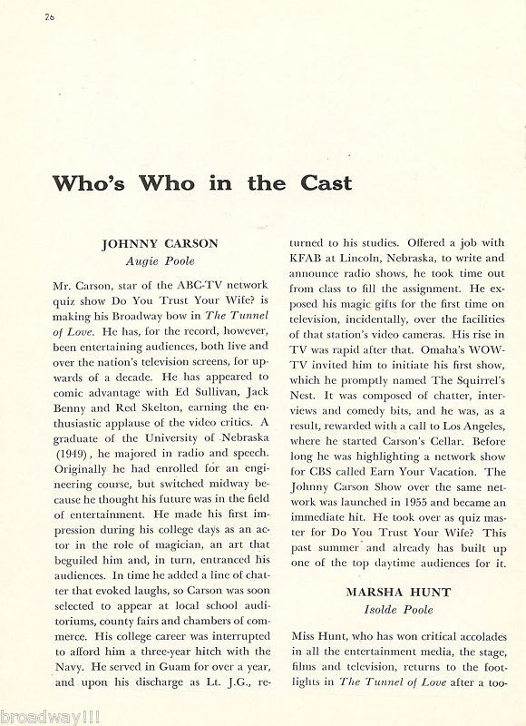 Johnny Carson "TUNNEL OF LOVE" Rare 1958 Broadway Debut