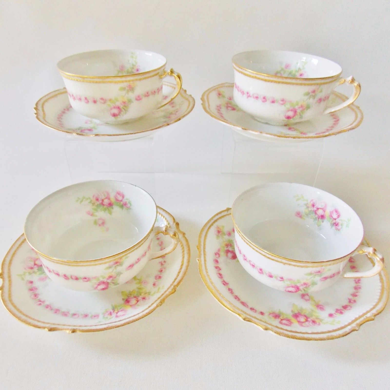 LIMOGES FRANCE SET OF FOUR DROP ROSE STYLE CUPS AND SAUCERS PINK ROSES PRETTY